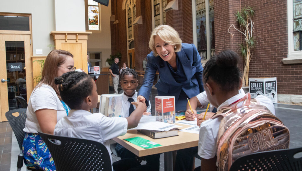 Betsy DeVos with students at St. Marcus Lutheran School in Milwaukee, WI.
