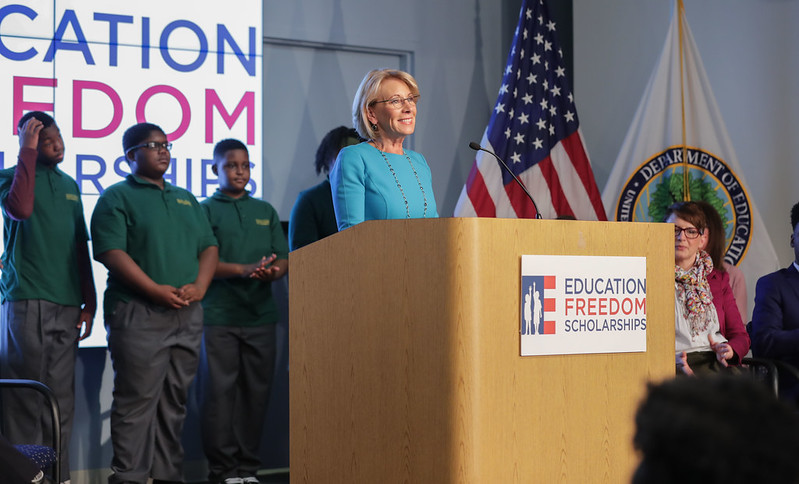 Betsy DeVos at the Education Freedom Scholarships kickoff event in 2019 at the U.S. Department of Education in Washington, DC.